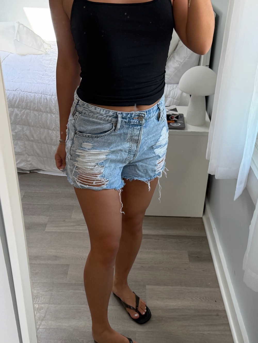Light Blue Distressed Denim Shorts - Women's